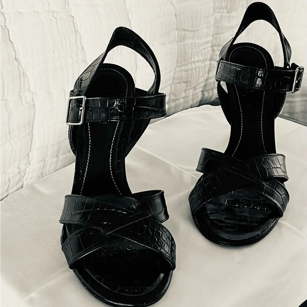 Ralph Lauren Black Genuine Leather Croc Embossed Strappy Heels 8B